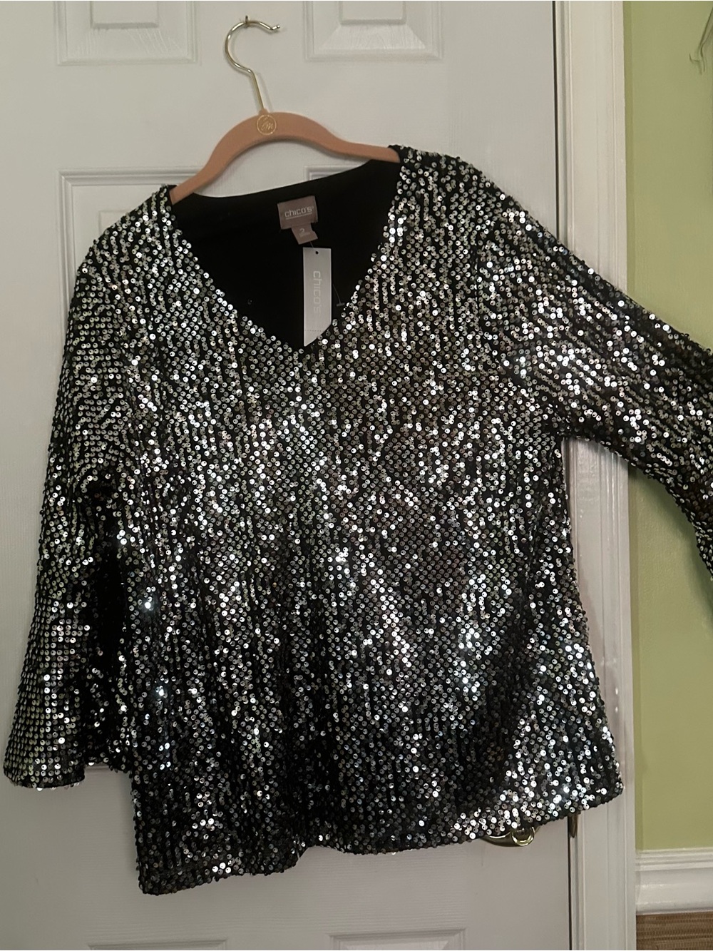 Chico's Silver Sequin V-Neck Long Sleeve Top